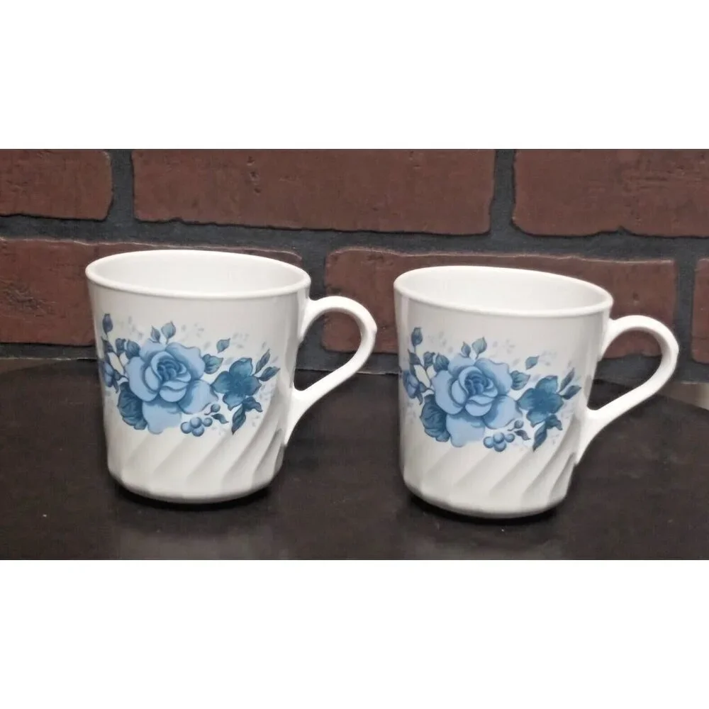 2 Vintage Corning Corelle Mugs Coffee cups Blue Velvet Rose Floral Pattern swirl